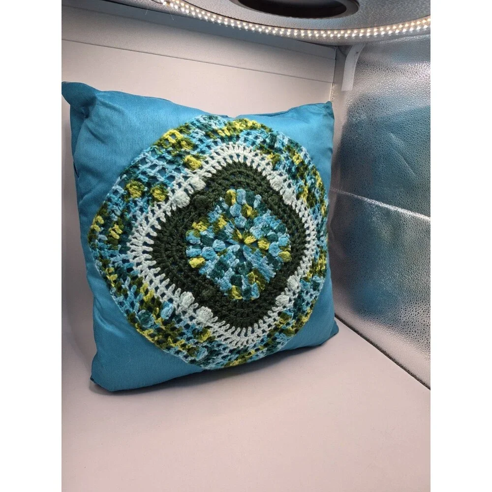 Crochet Granny Square Floral Boho Mandala Pillow Teal Green Yellow 16